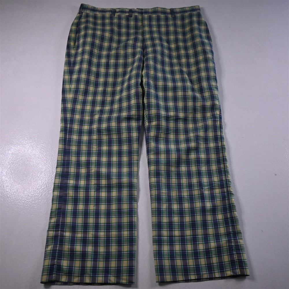 Vtg Bespoke 36x30 Green Blue Plaid Cotton‎ Flat Front Bootcut Dress Mens Pants